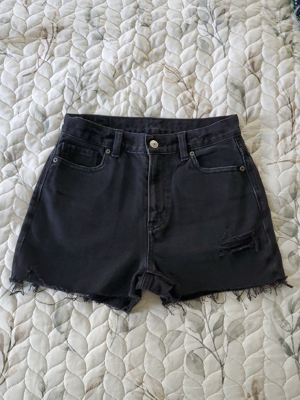 American Eagle Black Distressed High-Rise Mom Jean Cut Off Shorts